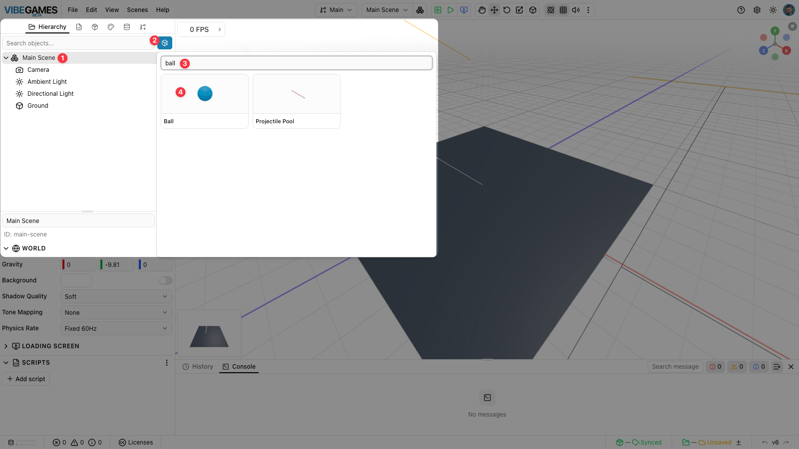 The object palette open on the Shapes tab with the Ball tile
