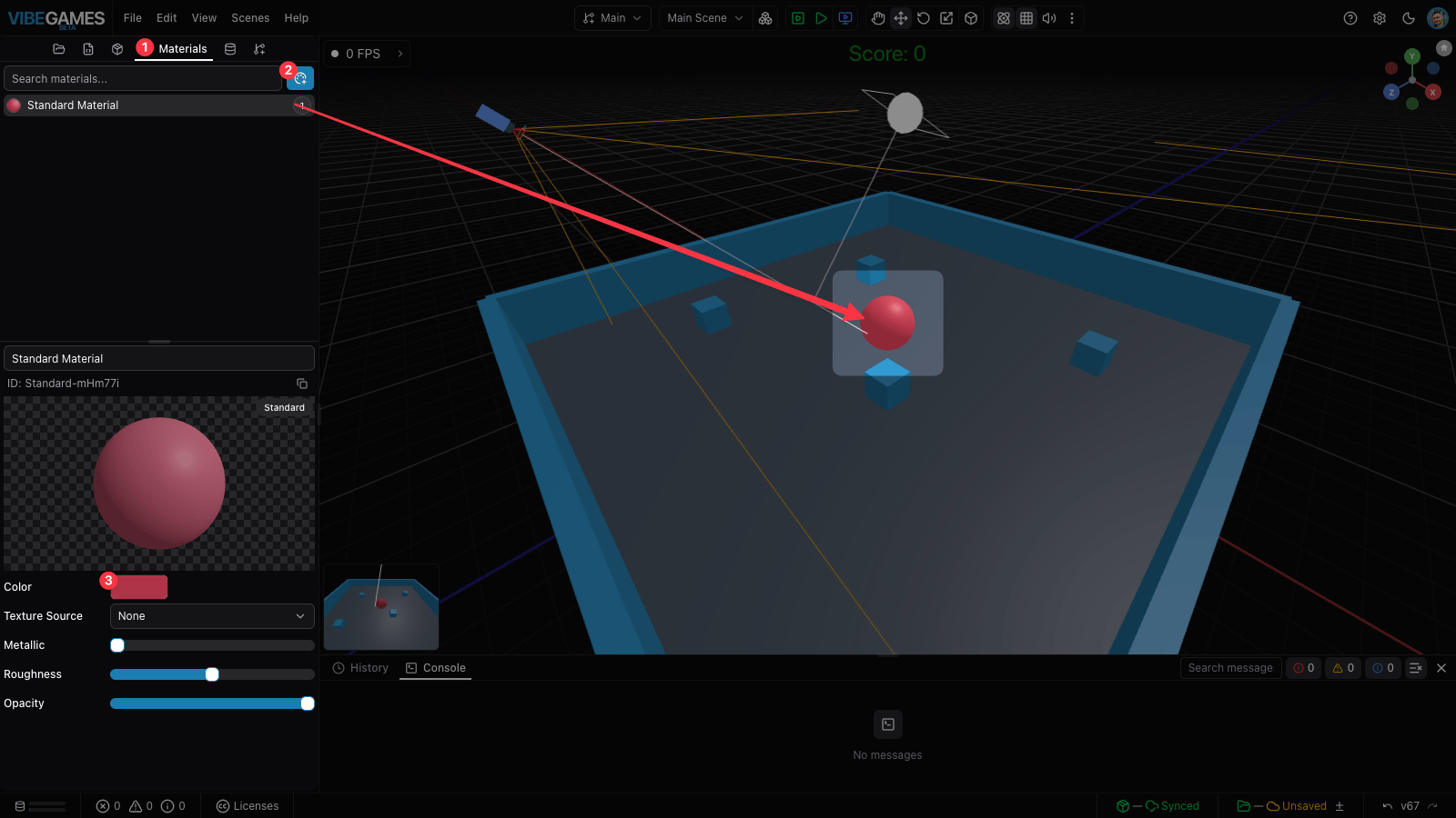 The Player ball with a colored material applied, shown in the viewport
