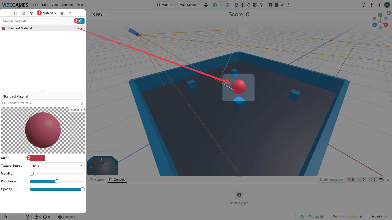 The Player ball with a colored material applied, shown in the viewport