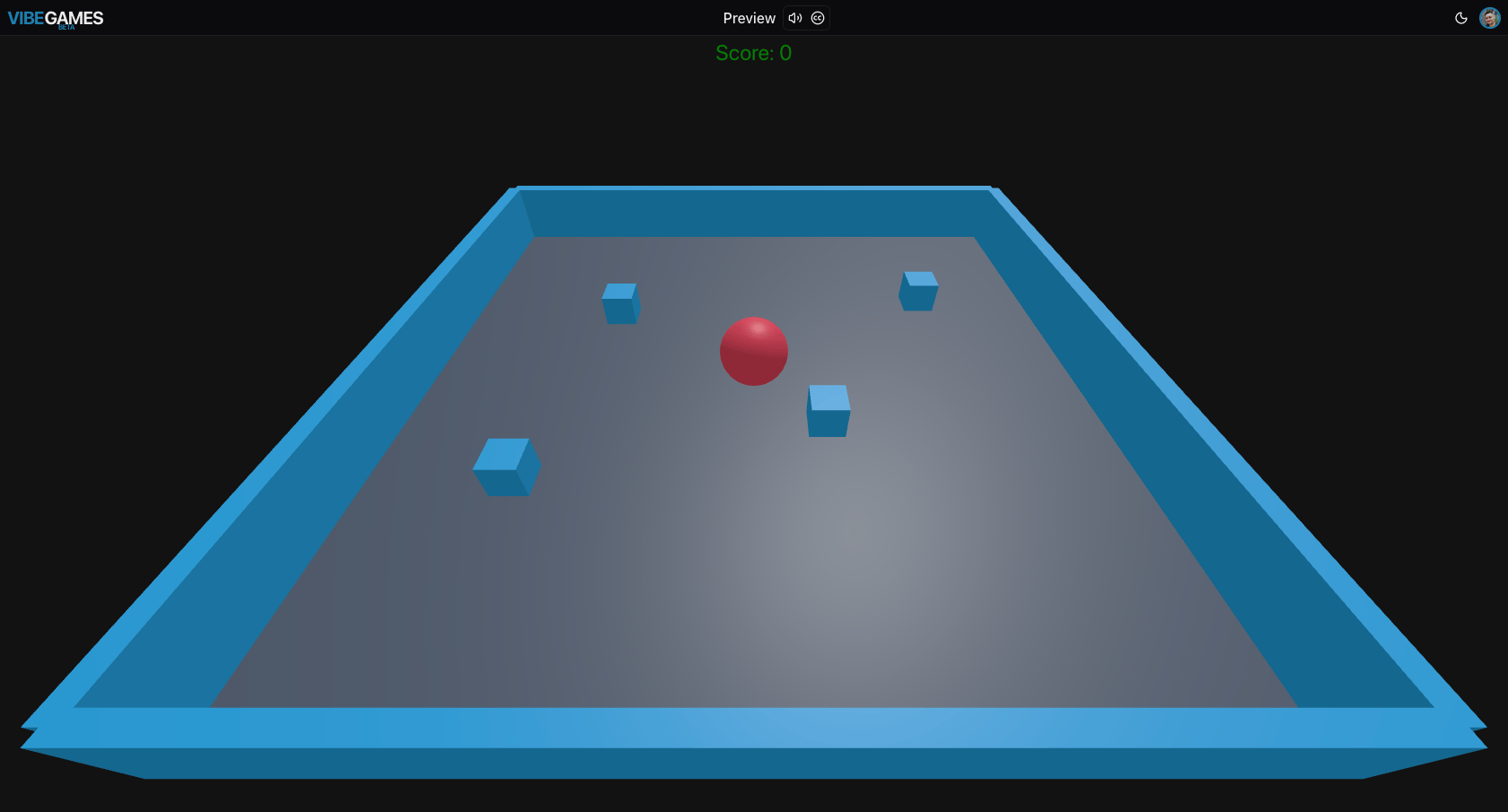 The finished Roll-a-Ball game — a ball on a walled floor with pickups and a Score readout