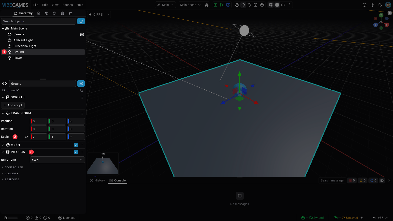 The Ground with a fixed Physics component and Scale set to 2, 1, 2