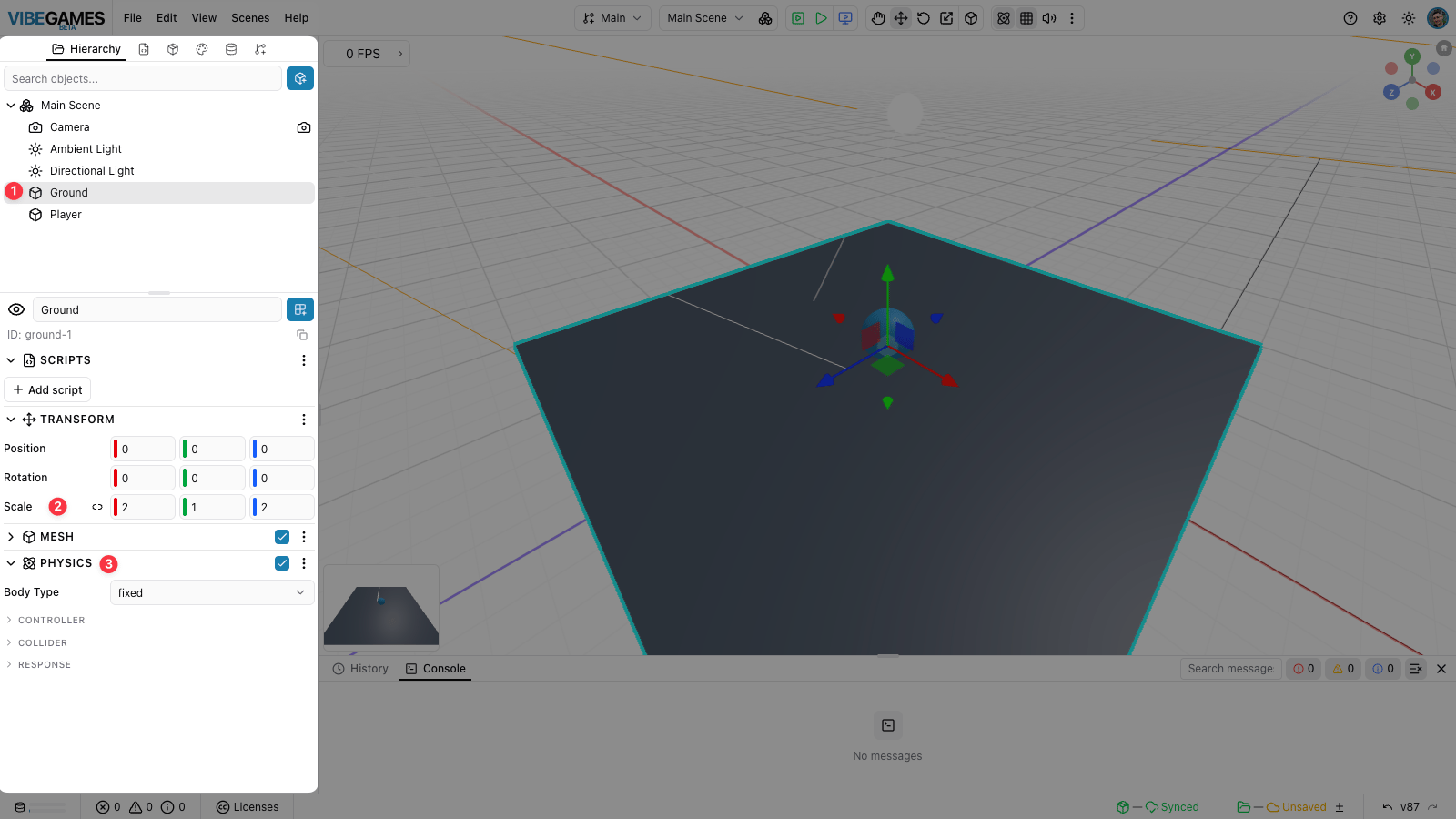 The Ground with a fixed Physics component and Scale set to 2, 1, 2