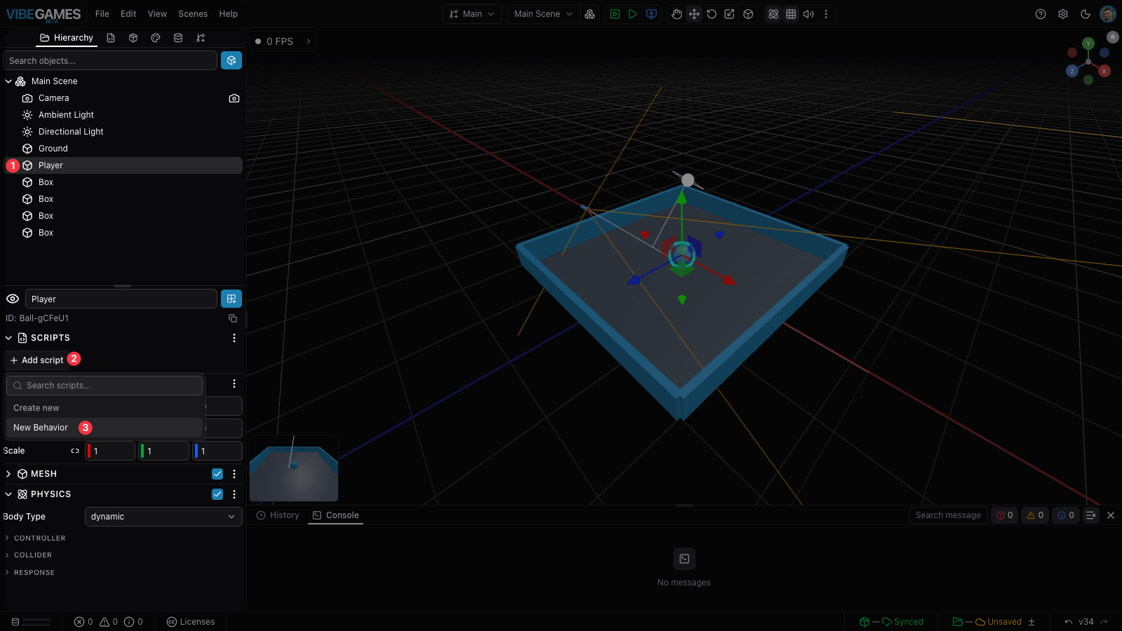 The New script dialog with the name Movement and the movement code in the editor