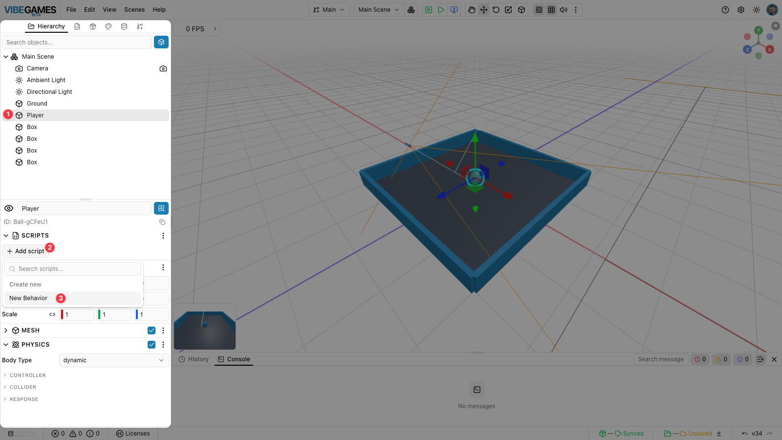 The New script dialog with the name Movement and the movement code in the editor