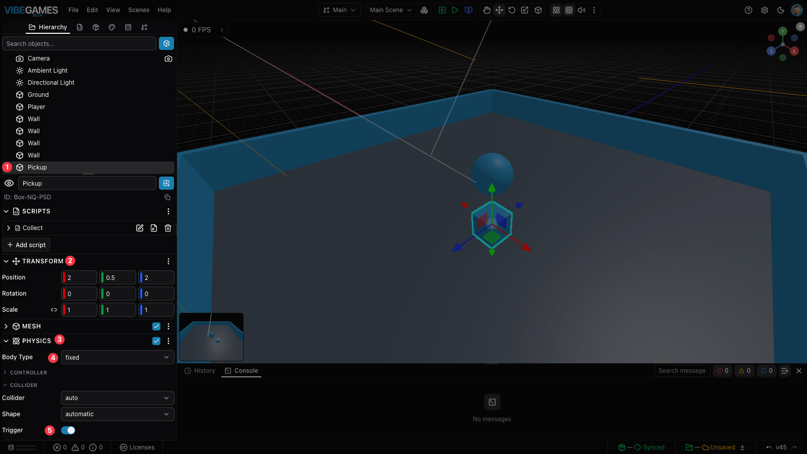 The Pickup box selected with a fixed Physics component and Trigger enabled on its Collider