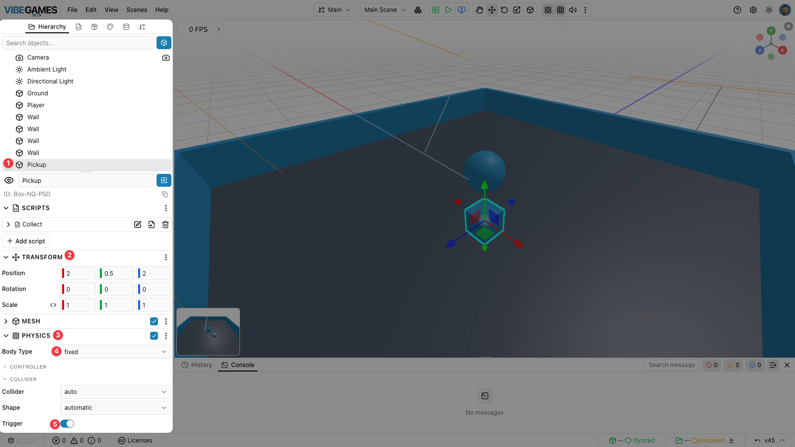 The Pickup box selected with a fixed Physics component and Trigger enabled on its Collider