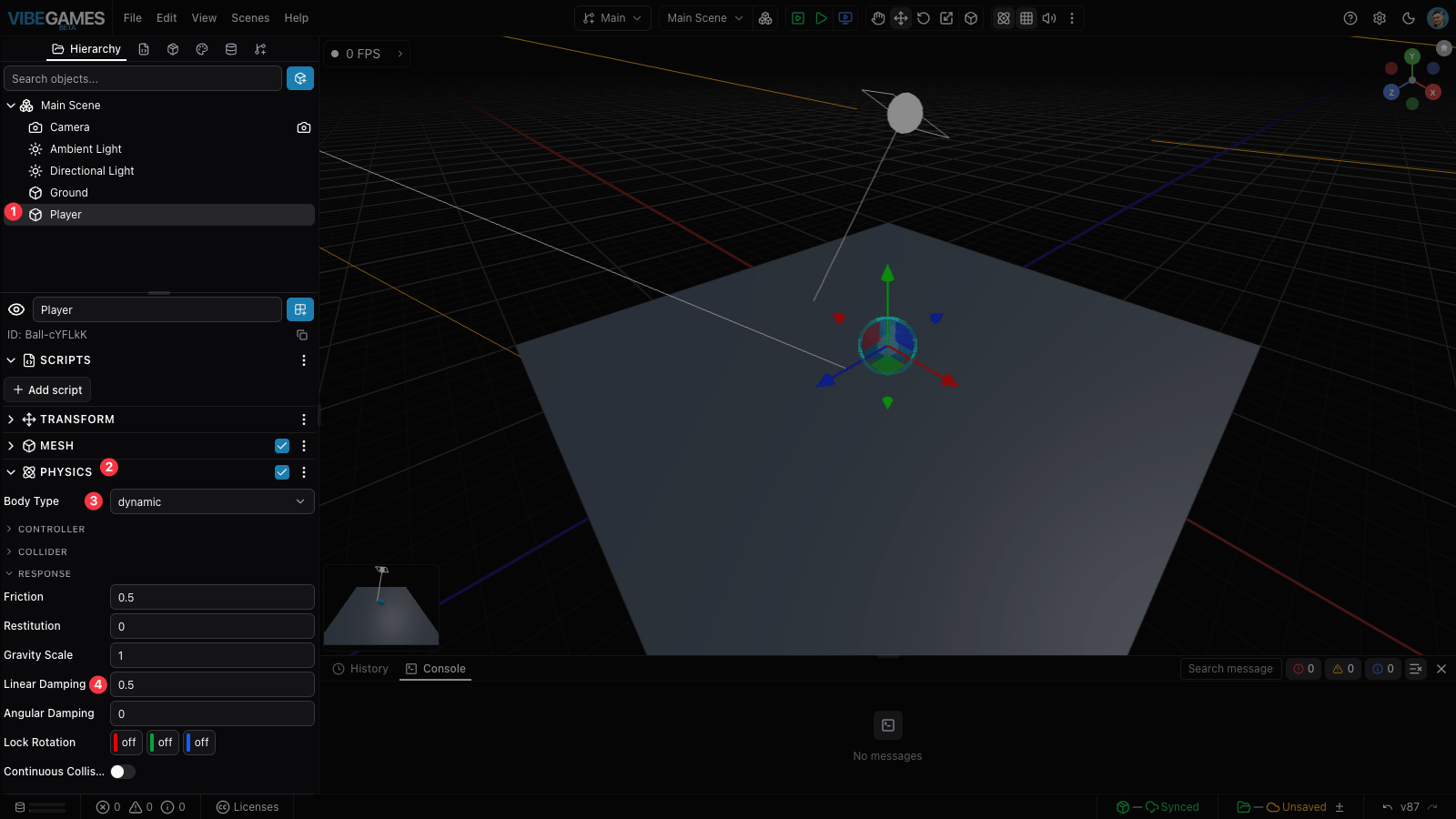 The Player's Physics component with Body Type set to dynamic and Linear Damping 0.5