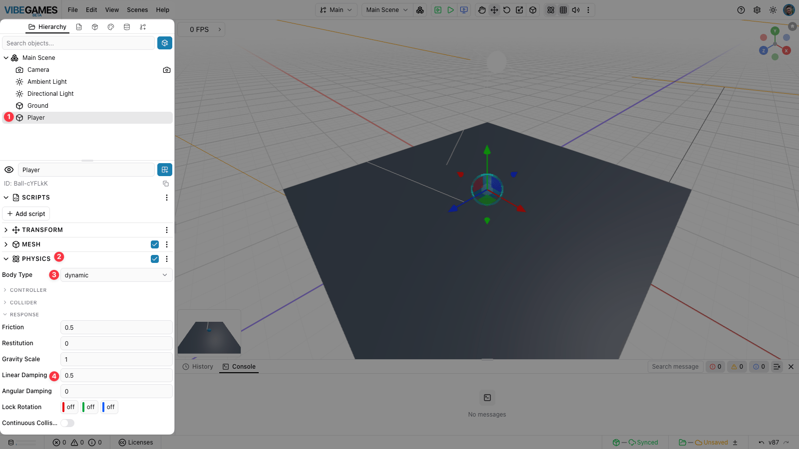 The Player's Physics component with Body Type set to dynamic and Linear Damping 0.5