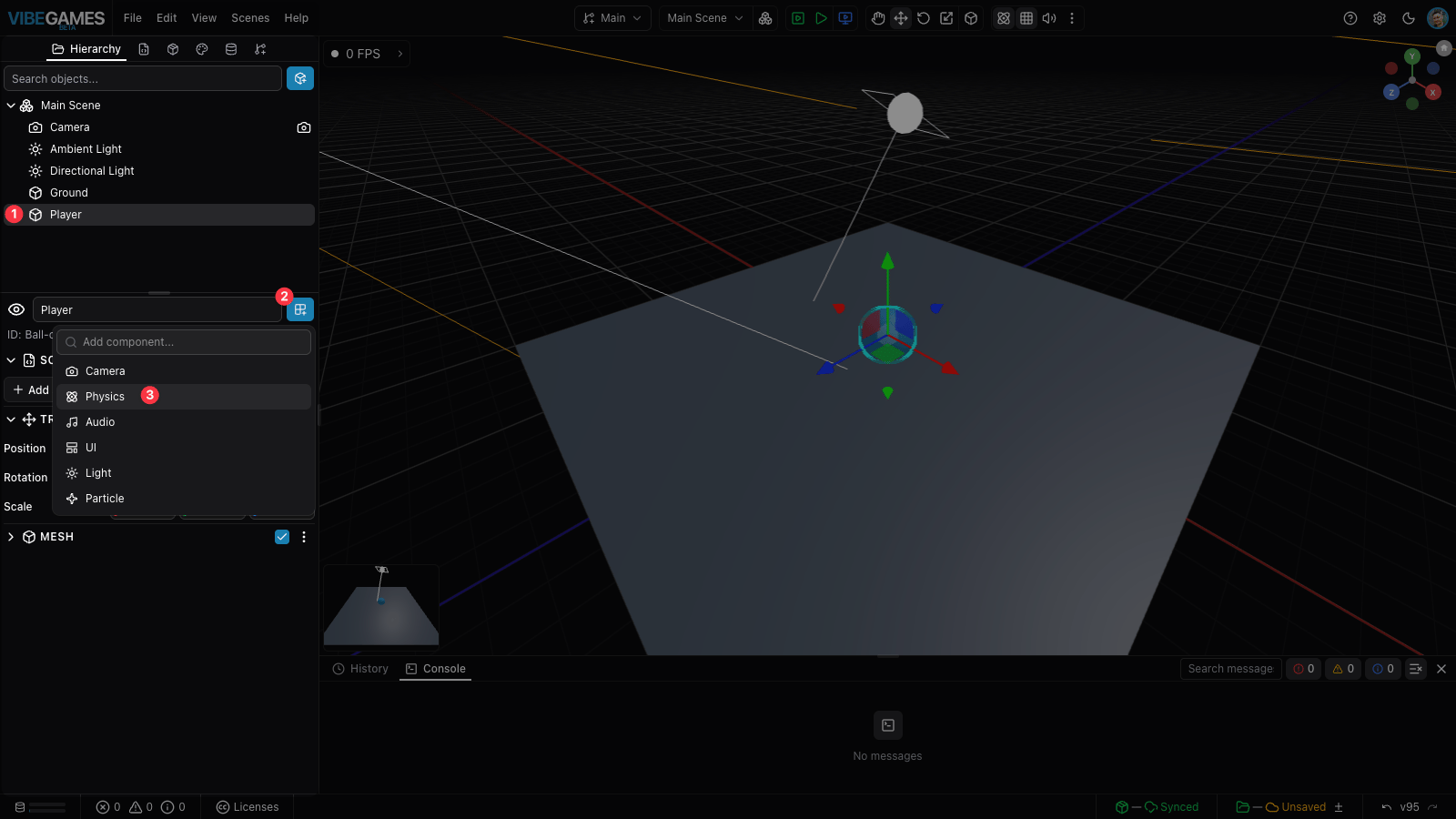 Adding a Physics component to the Player via the Add Component menu