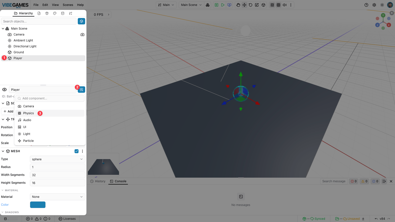 Adding a Physics component to the Player via the Add Component menu