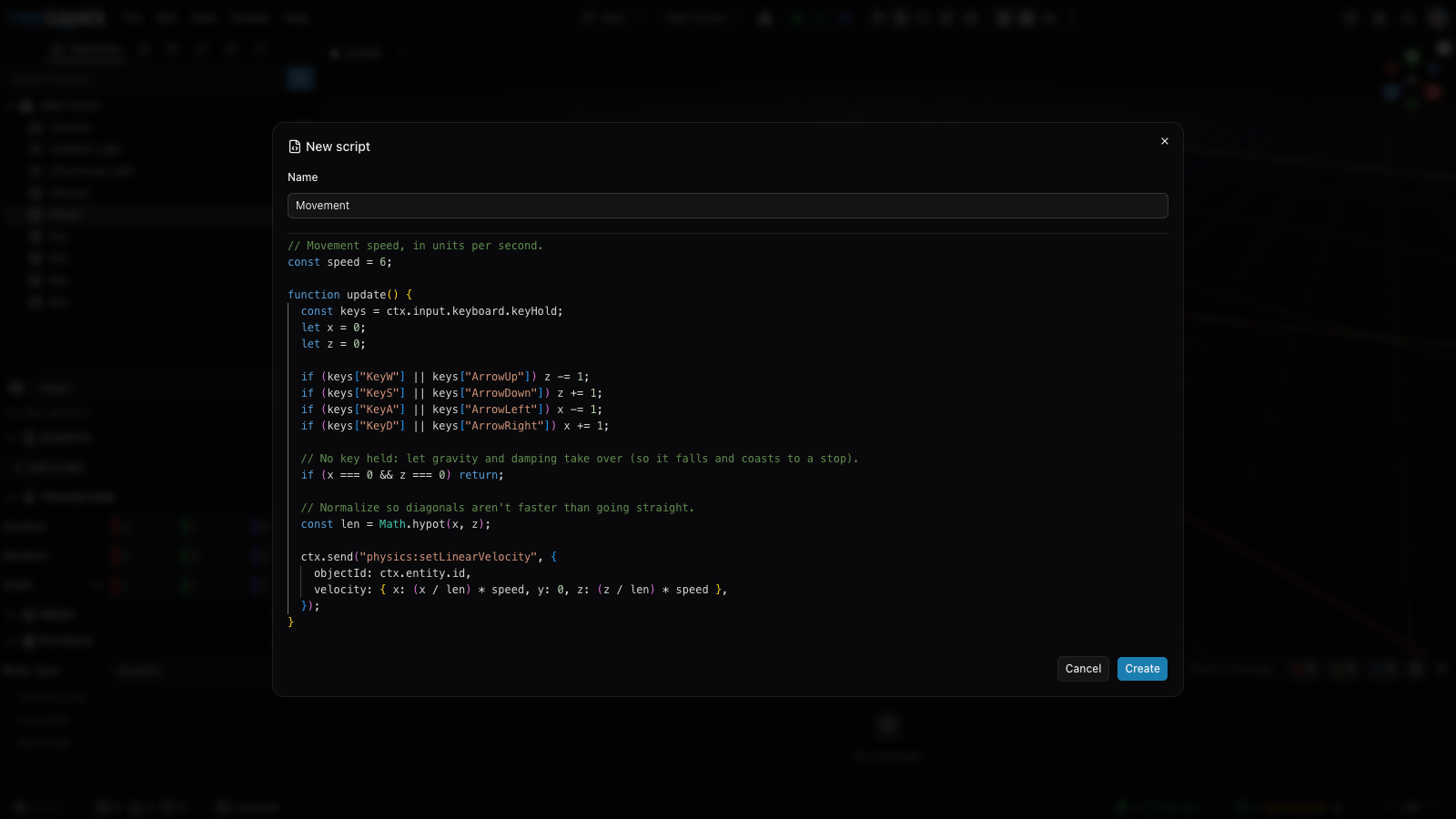 The Player's Scripts section listing the attached Movement script