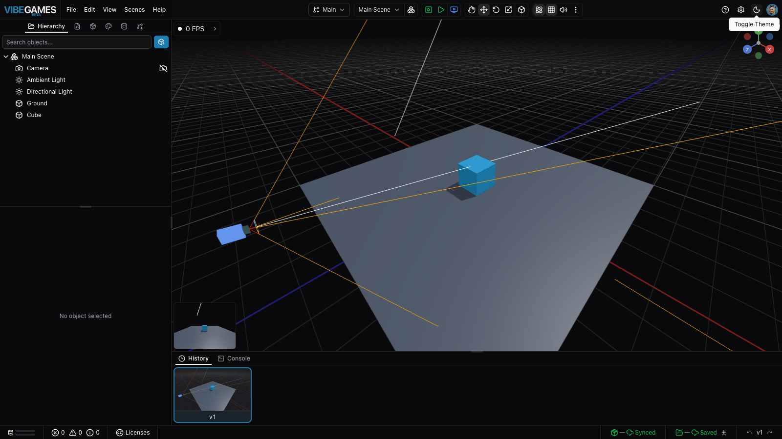 A fresh Starter project — Hierarchy on the left, scene viewport in the middle