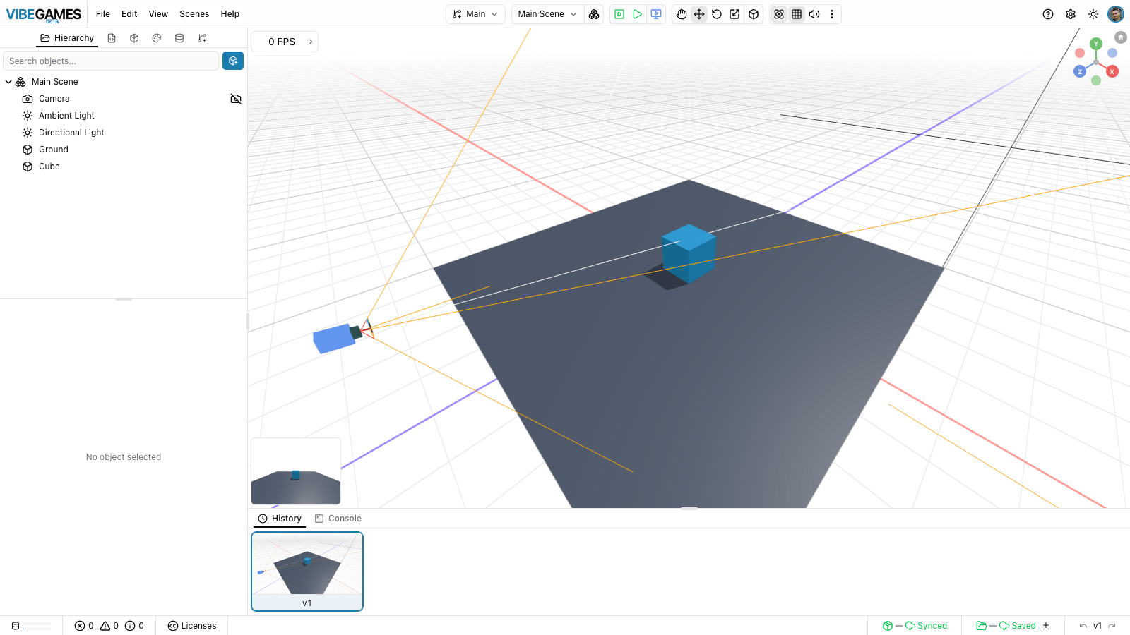 A fresh Starter project — Hierarchy on the left, scene viewport in the middle
